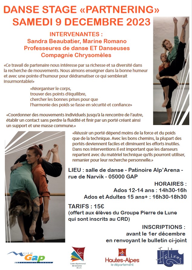 flyer du stage de danse partnering / portés le 9 déccembre 2023 à Gap (05)