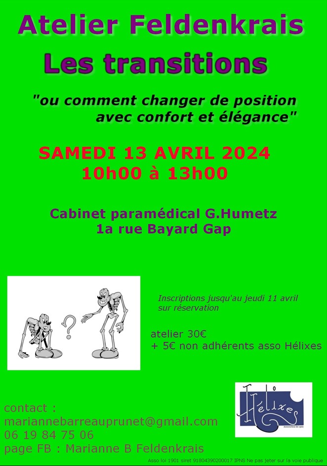 flyer Atelier Feldenkrais "Les transitions ou comment changer de position avec confort et élégance », le 13-04-2024 à Gap