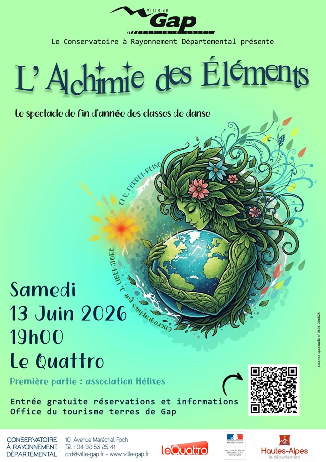 Affiche du spectacle du CRD juin 2026 à Gap. Le titre du spectacle est l'alchimie des éléments